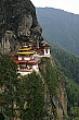 A five year reconstruction project is almost completed; the Tiger Nest Monastery sits right on the side of the cliff; Bhutan.